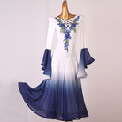 White and navy ombre ballroom competition dress with blue rose embroidery