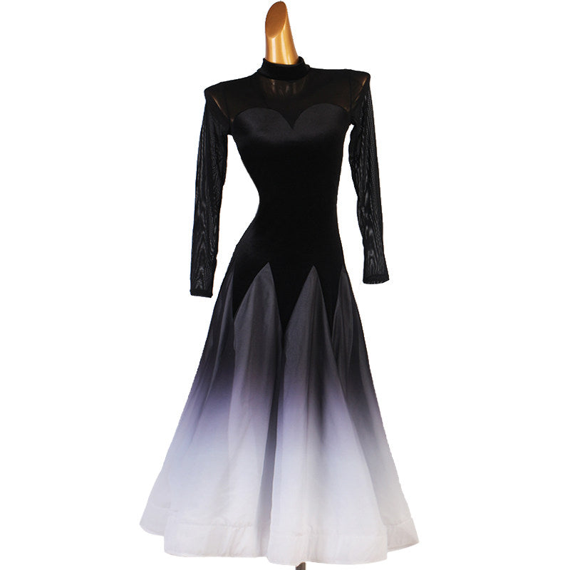Black and white ombre ballroom dance dress with mock neck and mesh illusion yoke
