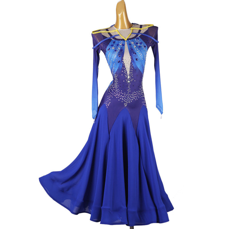 Royal blue ballroom competition dress with a jewelled shoulder yoke