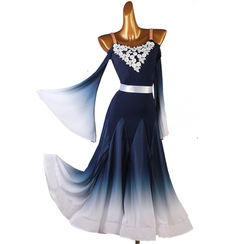 Navy ballroom dance dress with ivory lace yoke and chiffon streamer sleeve lifted