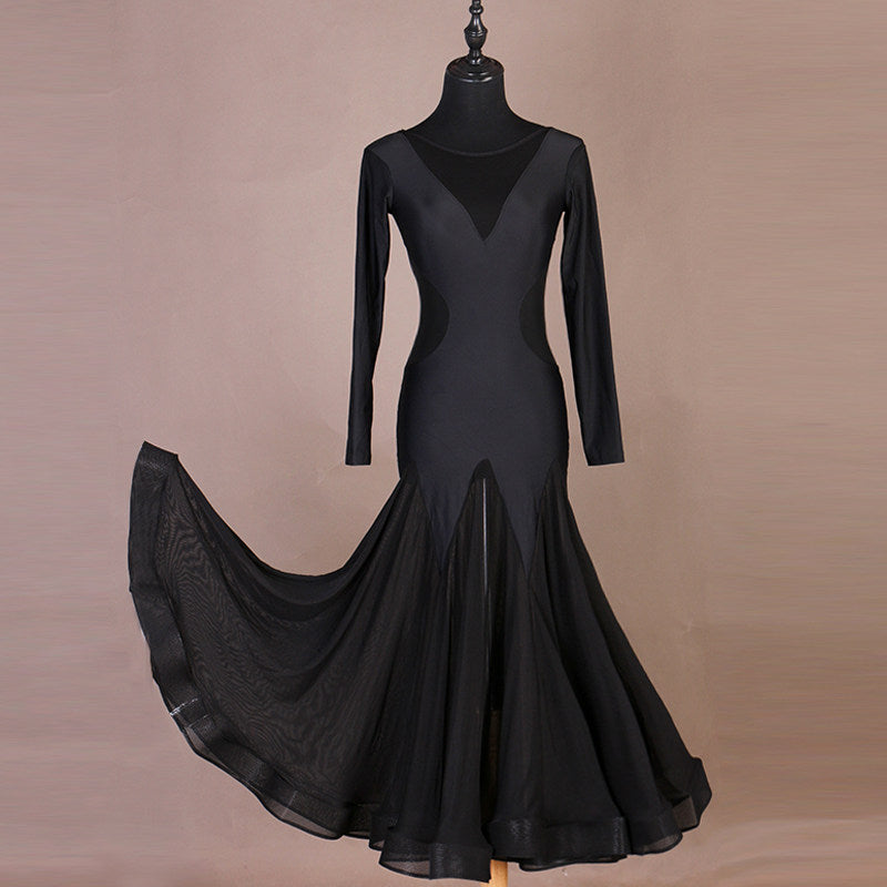 Black mesh waist ballroom practice dress with long sleeves, skirt swept out