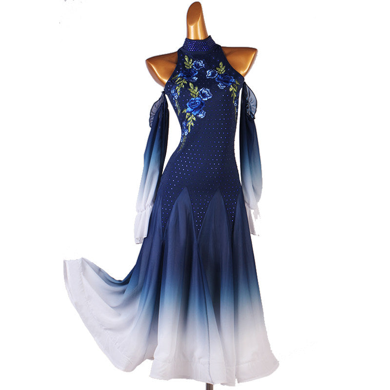 Navy ballroom competition dress with blue rose embroidery and cold shoulder sleeves