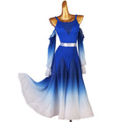 Royal blue ballroom dance dress with mesh V insert and ombre chevron skirt