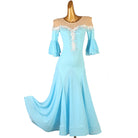 Light blue ballroom competition dress with lace trimmed illusion yoke