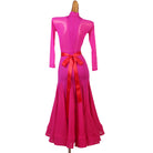 Rose red ballroom dance dress back view with deep open back and satin bow at the waist