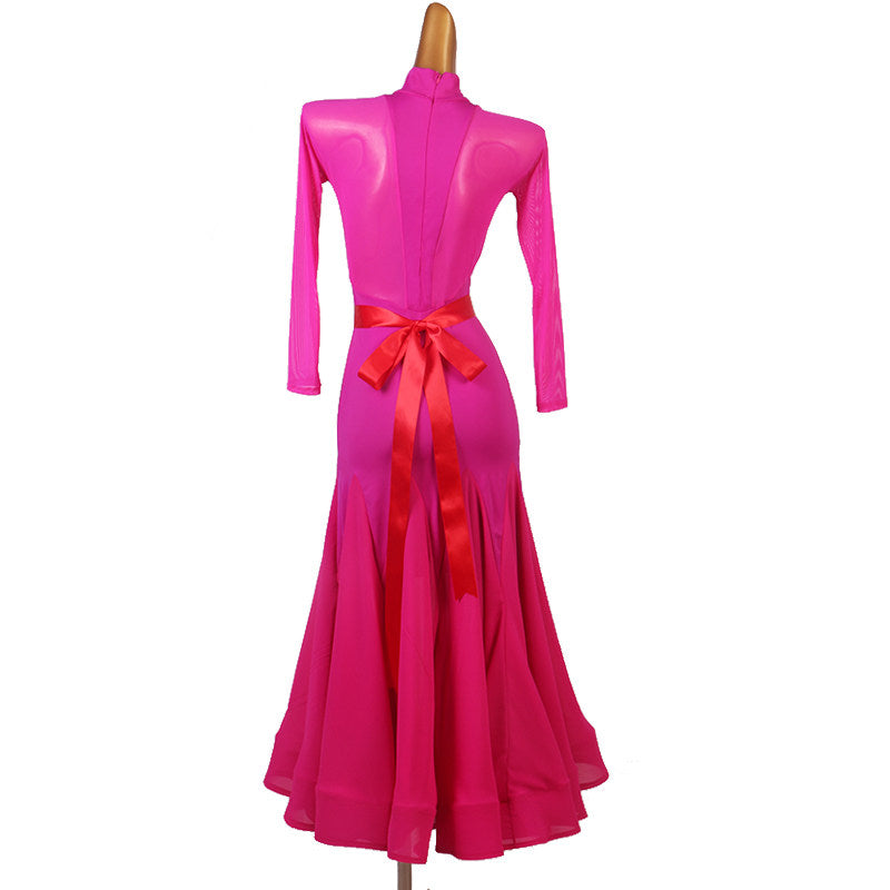 Rose red ballroom dance dress back view with deep open back and satin bow at the waist