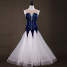 Navy and white ballroom gown with beaded scroll strapless velvet bodice