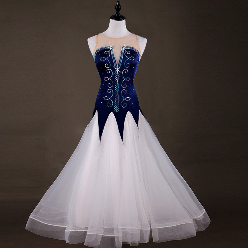 Navy and white ballroom gown with beaded scroll strapless velvet bodice