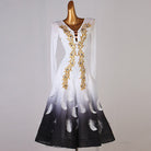 Ballroom competition dress with gold baroque embroidery and black ombre feather print skirt