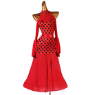 Red polka dot ballroom dance dress with halter bodice and organza lantern sleeves