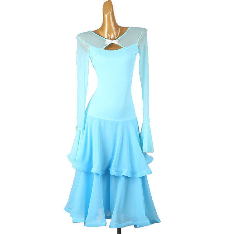 Light blue ballroom dance dress with a two tier ruffled skirt