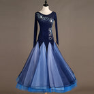 Navy ballroom gown with silver bead scroll bodice and blue ombre tulle skirt