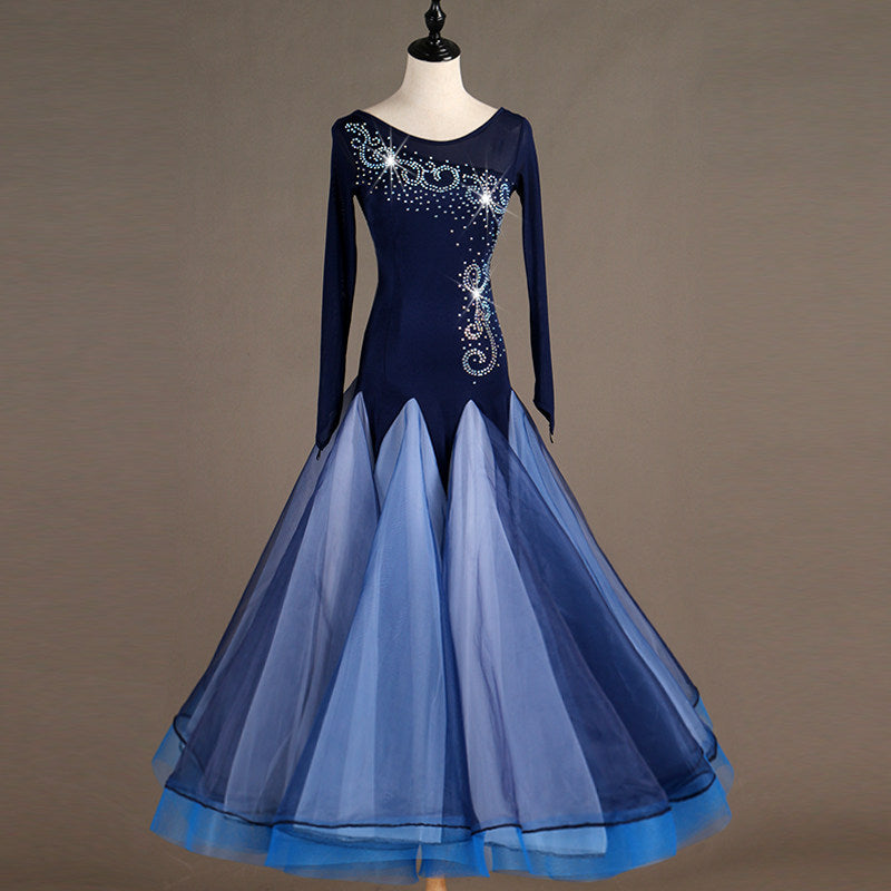 Navy ballroom gown with silver bead scroll bodice and blue ombre tulle skirt