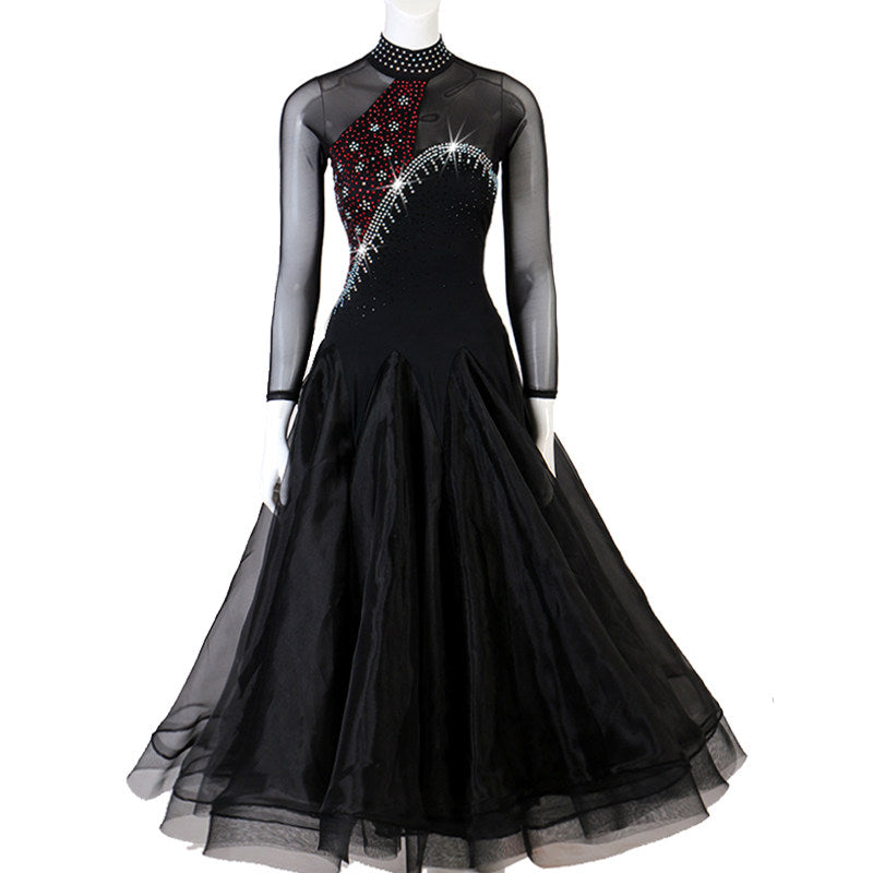 Black ballroom dance dress with rhinestone swirl bodice on mannequin