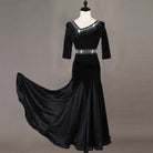Black ballroom dance dress with rhinestone waistband and satin mermaid skirt