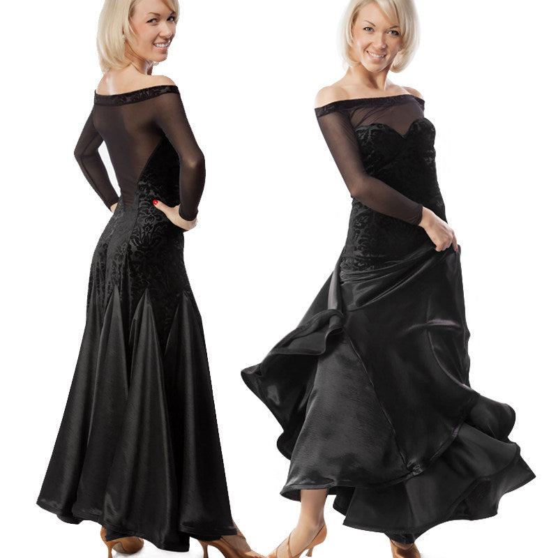 Black ballroom dress with off-shoulder mesh yoke and satin swing skirt shown on two dancers