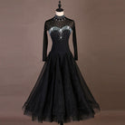 Black high neck rhinestone ballroom dance dress with keyhole back on mannequin