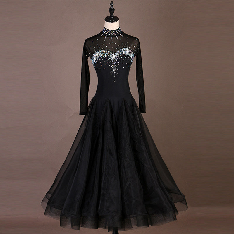 Black high neck rhinestone ballroom dance dress with keyhole back on mannequin