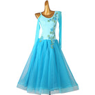 Turquoise ballroom competition dress with blue rose embroidery on the bodice