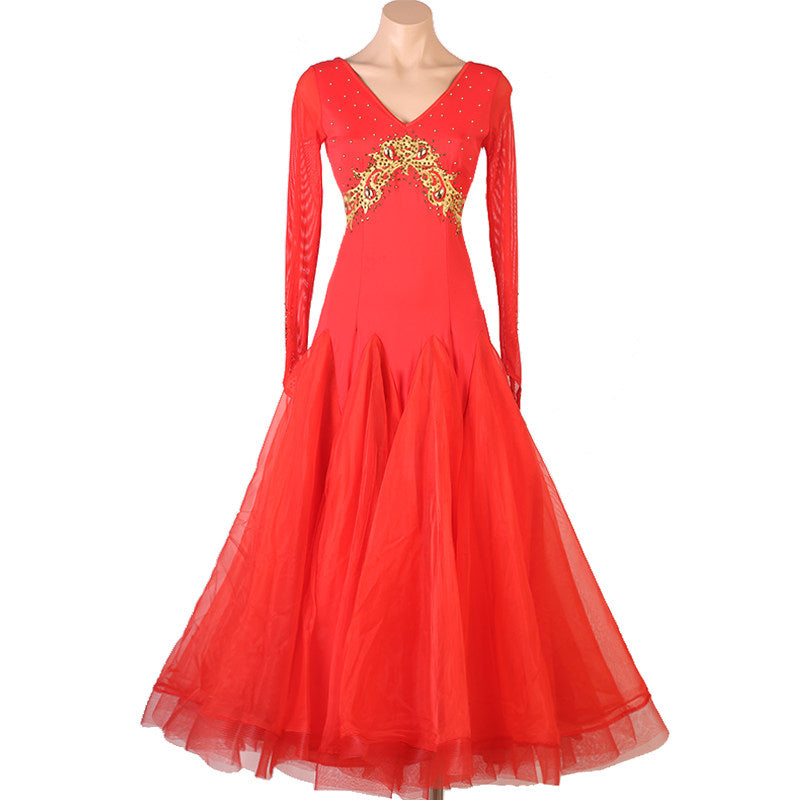 Red ballroom competition dress with gold baroque sequin applique at the waist