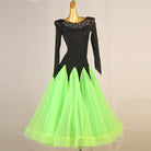 Black and neon green ballroom competition dress with a rhinestone boat neckline