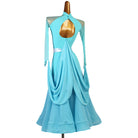 Back view of the light blue ballroom dress with the mock neck keyhole and hip drape