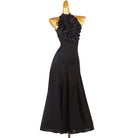 Black ballroom dance dress with a large rosette ruffle over one shoulder