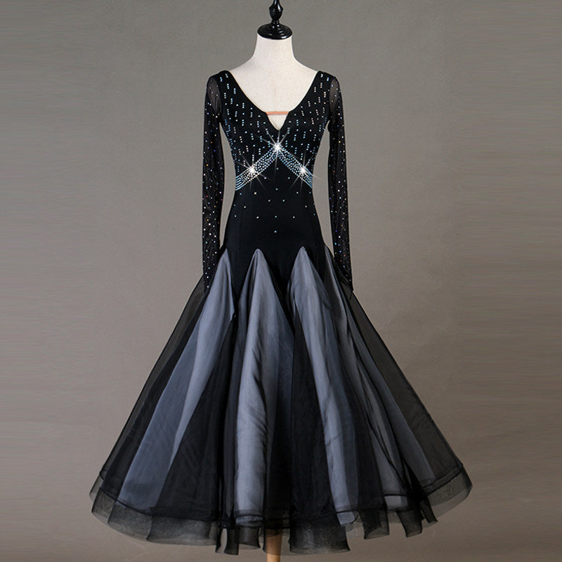 Black and white ombre ballroom gown with rhinestone crossover waist