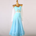 Light blue ballroom dance dress with white lace bishop sleeves