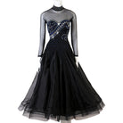 Black ballroom dance dress with silver swirl embroidery on mesh yoke