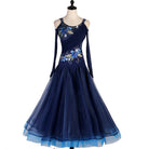 Navy floral embroidered cold shoulder ballroom dance dress on mannequin