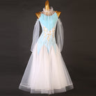Light blue ballroom competition dress with a tulle ruffle collar and ivory skirt