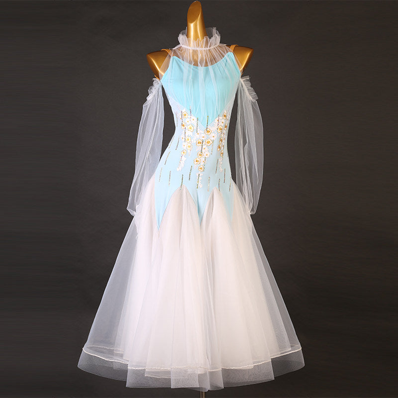 Light blue ballroom competition dress with a tulle ruffle collar and ivory skirt