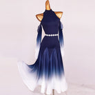 Navy halter ballroom dance dress with cold shoulder sleeves and ombre chevron skirt