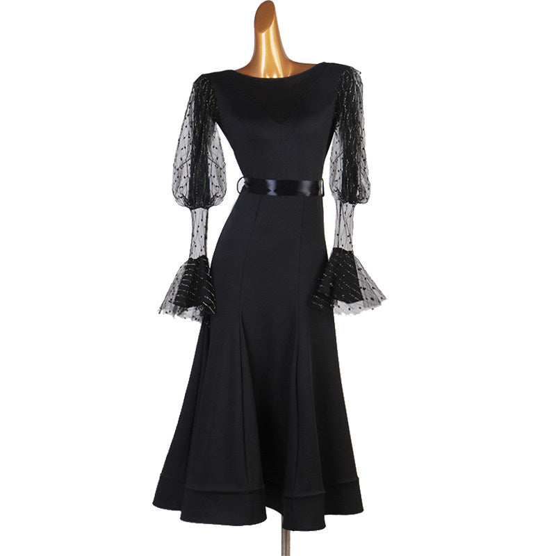 Black sparkle lace sleeve ballroom practice dress with satin sash