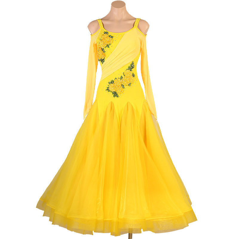 Yellow ballroom competition dress with rose applique on a draped bodice