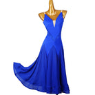 Royal blue sleeveless ballroom practice dress with the skirt swept to the side