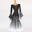 Black ballroom dance dress with lace-up V neck and black to white chevron ombre skirt