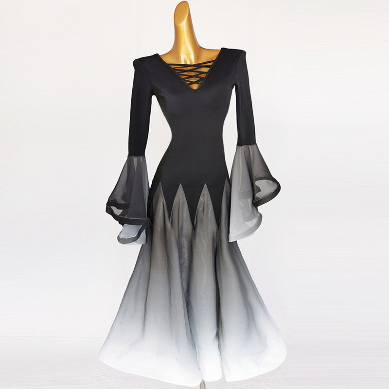 Black ballroom dance dress with lace-up V neck and black to white chevron ombre skirt