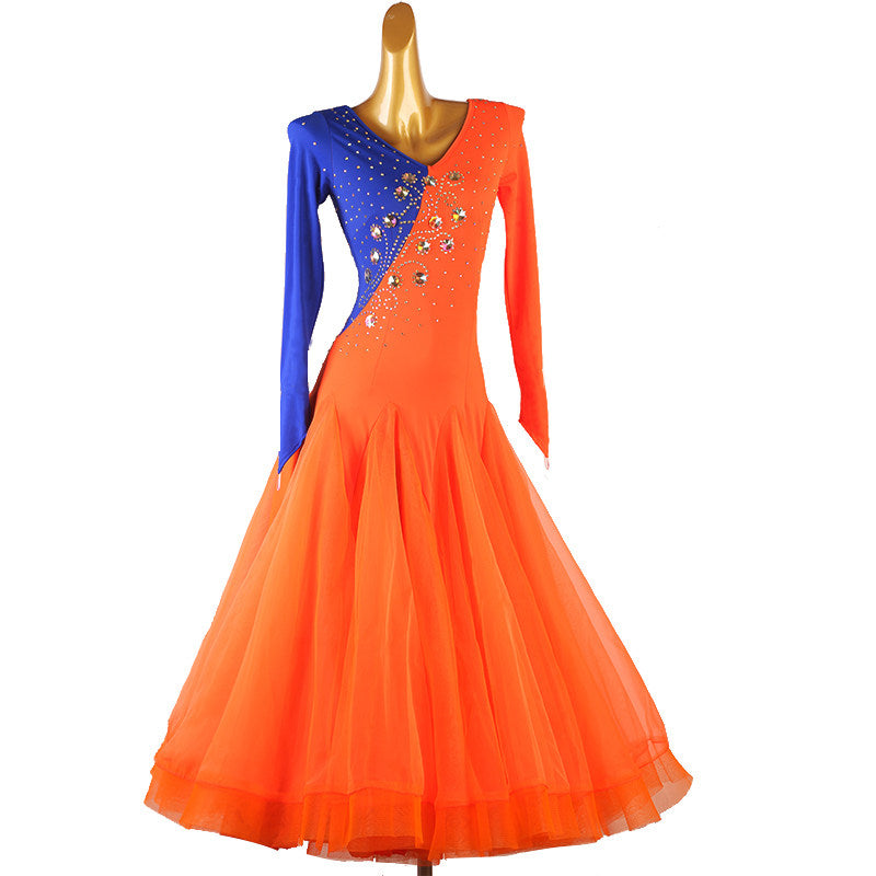 Orange and blue colour block ballroom competition dress with crystal seam
