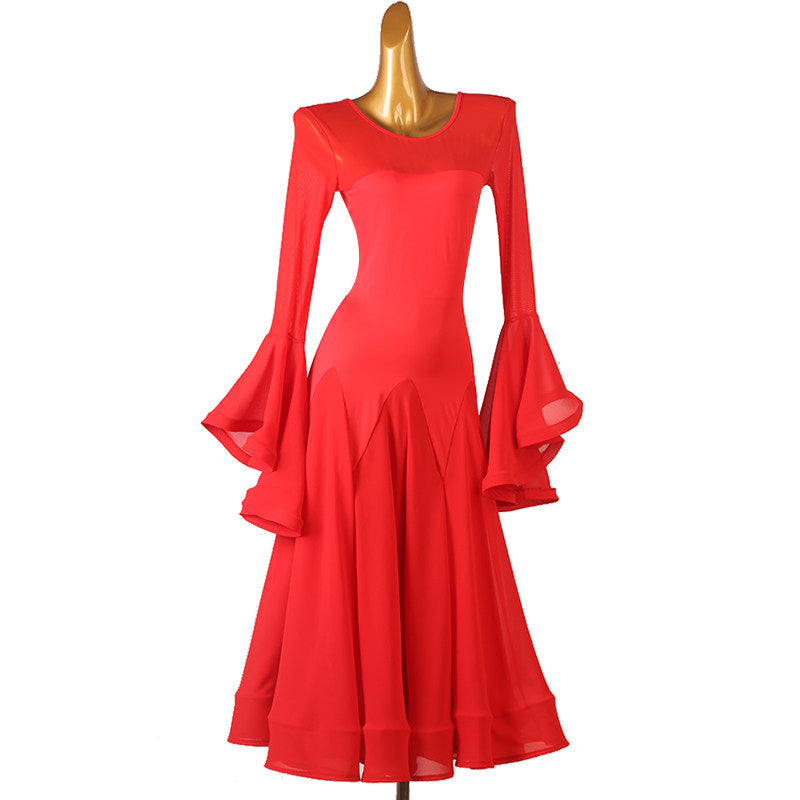 Red ballroom practice dress with two tier ruffle sleeves and mesh yoke