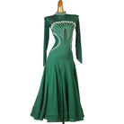 Dark green ballroom competition dress with a beaded mock neck collar