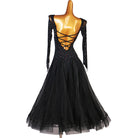 Black ballroom competition dress back view with criss-cross strap lace-up back and tulle skirt