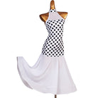 White polka dot halter ballroom practice dress with sleeveless bodice and flared white skirt