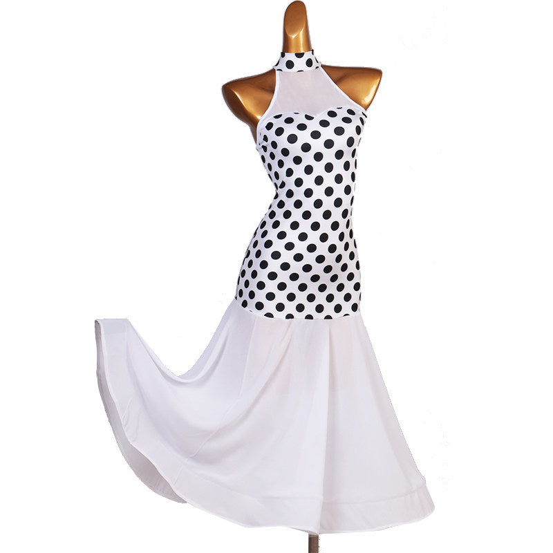 White polka dot halter ballroom practice dress with sleeveless bodice and flared white skirt