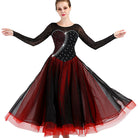 Black and red ballroom gown with rhinestone bodice and black tulle overlay skirt