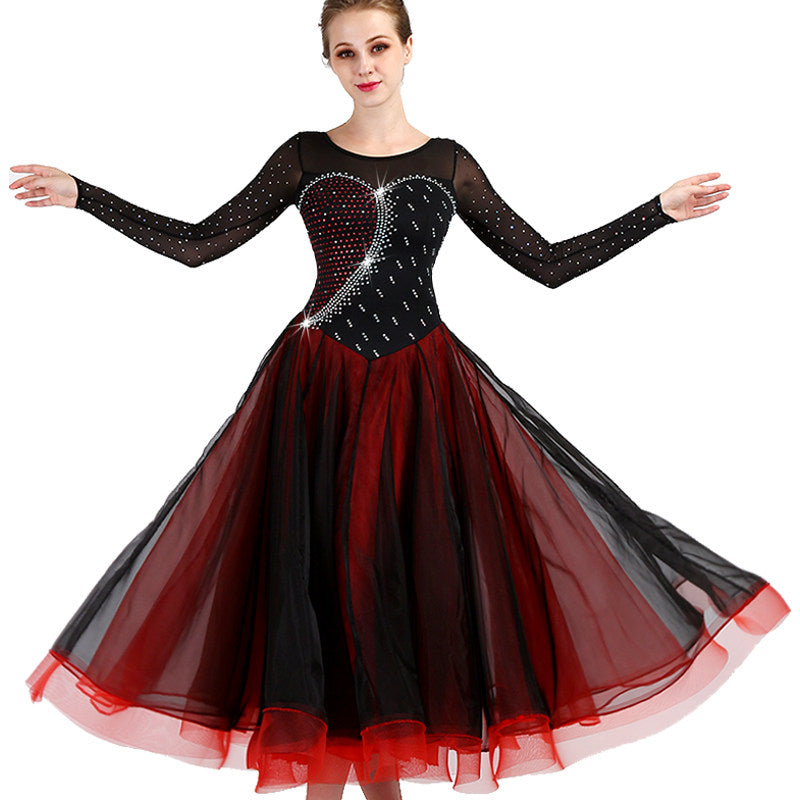 Black and red ballroom gown with rhinestone bodice and black tulle overlay skirt