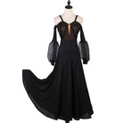 Black cold shoulder ballroom practice dress with sheer puff sleeves