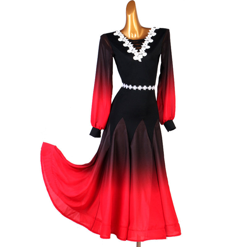 Black and red ombre ballroom dance dress with ivory lace trim at the V neckline