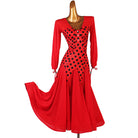 Red polka dot ballroom practice dress with the circle skirt swept out to the left